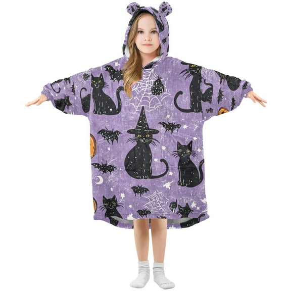 FORMRS Wearable Blanket Hoodie with Sleeves for Kids Cozy Flannel Sweatshirt, Halloween Cats
