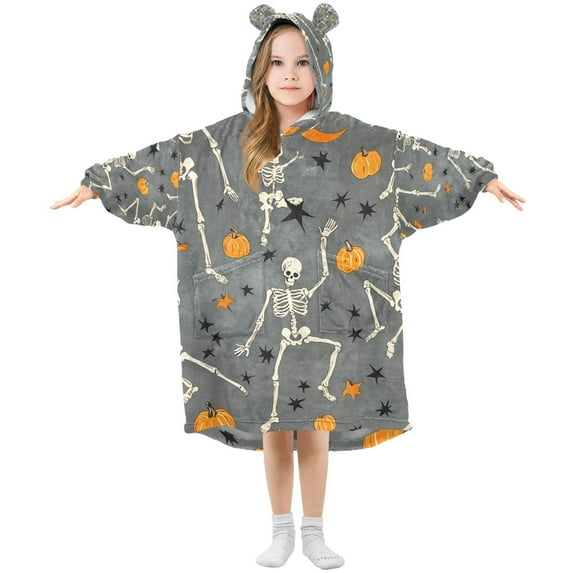 FORMRS Wearable Blanket Hoodie with Sleeves for Kids Cozy Flannel Sweatshirt, Halloween Dancing Skeleton