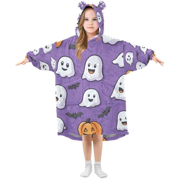 FORMRS Wearable Blanket Hoodie with Sleeves for Kids Cozy Flannel Sweatshirt, Halloween Ghosts Purple
