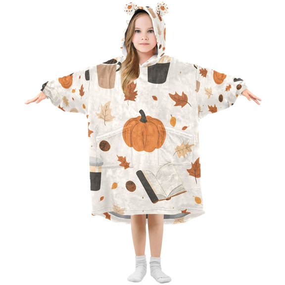 FORMRS Wearable Blanket Hoodie with Sleeves for Kids Cozy Flannel Sweatshirt, Hand Drawn Pumpkin