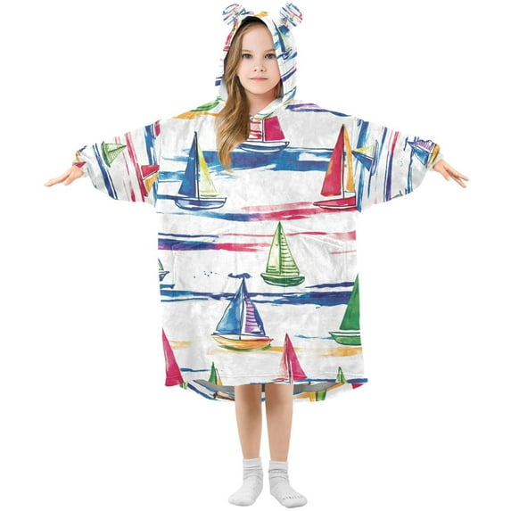FORMRS Wearable Blanket Hoodie with Sleeves for Kids Cozy Flannel Sweatshirt, Hand Drawn Sailboats