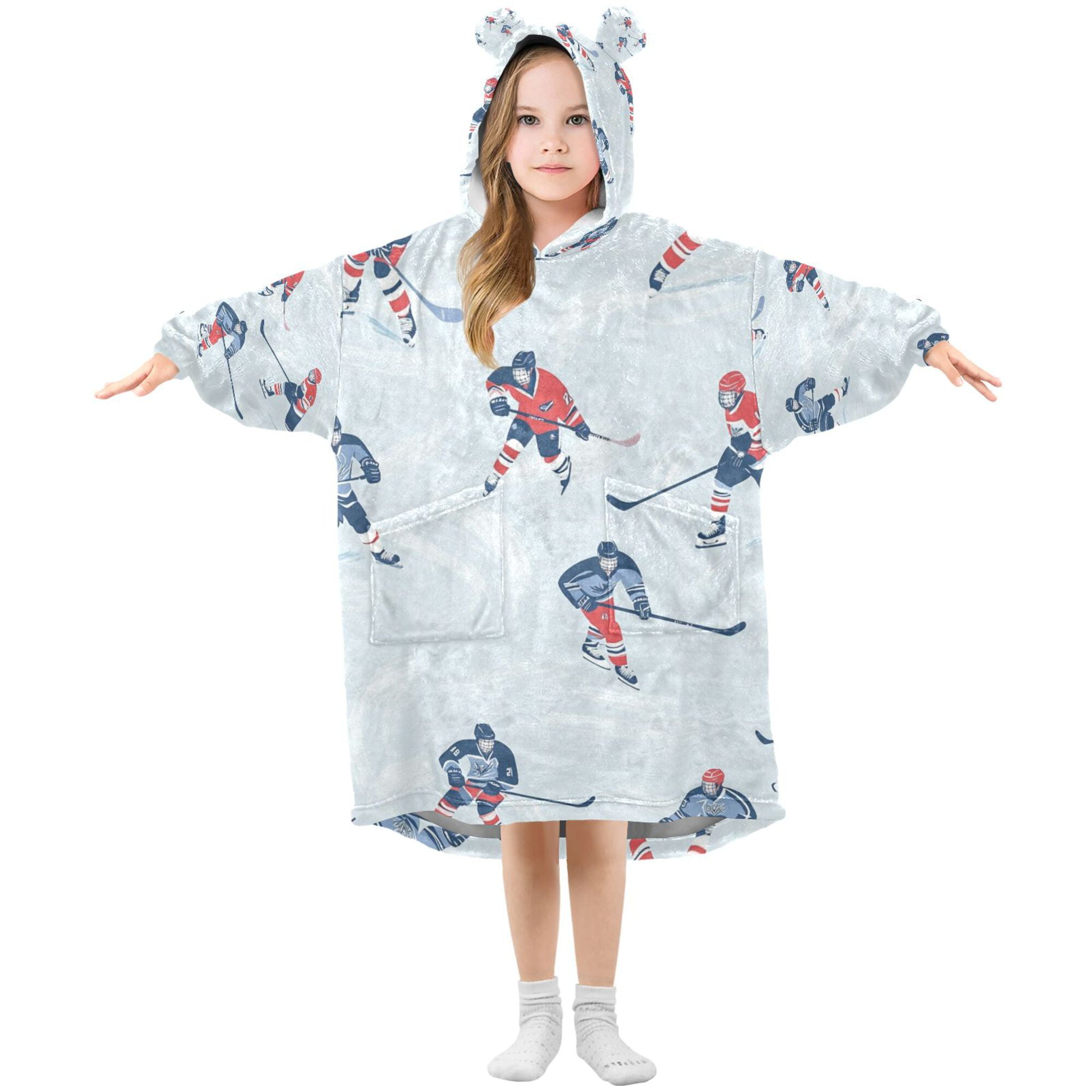 FORMRS Wearable Blanket Hoodie with Sleeves for Kids Cozy Flannel Sweatshirt, Hockey Action Zone
