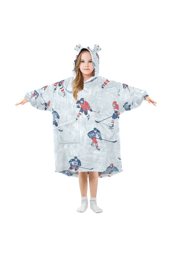 Wearable Blanket Hoodie with Sleeves for Kids Cozy Flannel Sweatshirt, Hockey Action Zone