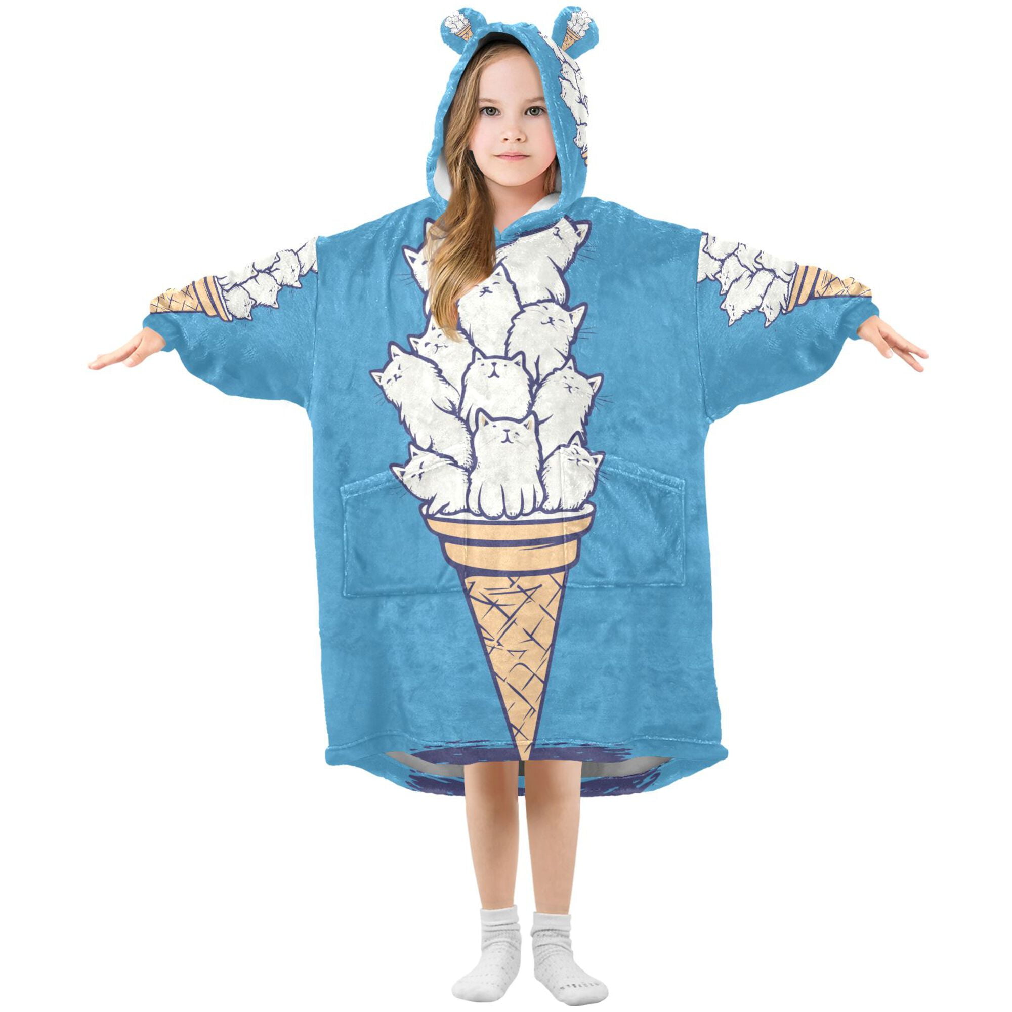 FORMRS Wearable Blanket Hoodie with Sleeves for Kids Cozy Flannel Sweatshirt, Ice Cream Cat