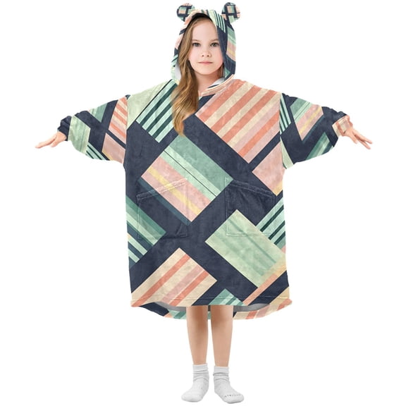 FORMRS Wearable Blanket Hoodie with Sleeves for Kids Cozy Flannel Sweatshirt, Isometric Pink