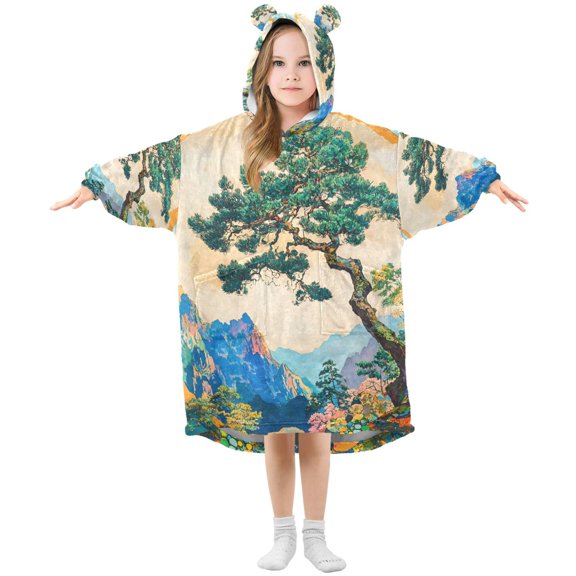 FORMRS Wearable Blanket Hoodie with Sleeves for Kids Cozy Flannel Sweatshirt, Large Pine Tree