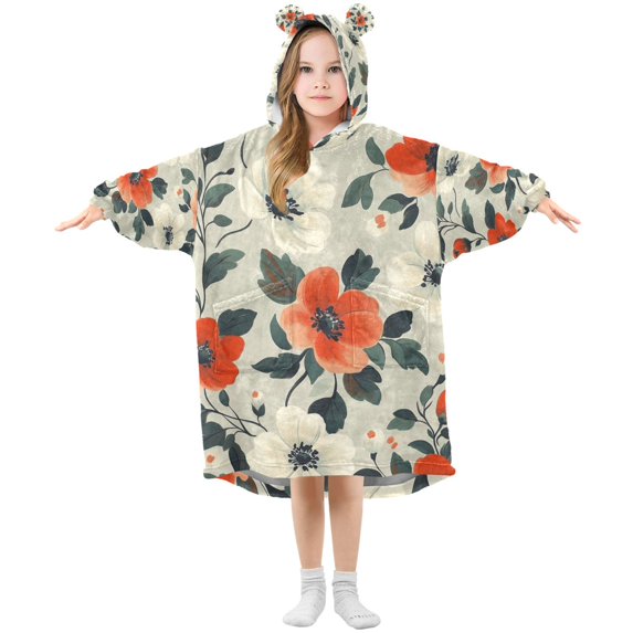 FORMRS Wearable Blanket Hoodie with Sleeves for Kids Cozy Flannel Sweatshirt, Large Red Floral Pattern