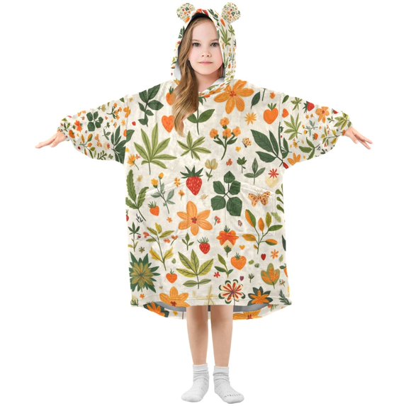 FORMRS Wearable Blanket Hoodie with Sleeves for Kids Cozy Flannel Sweatshirt, Leaves Pattern