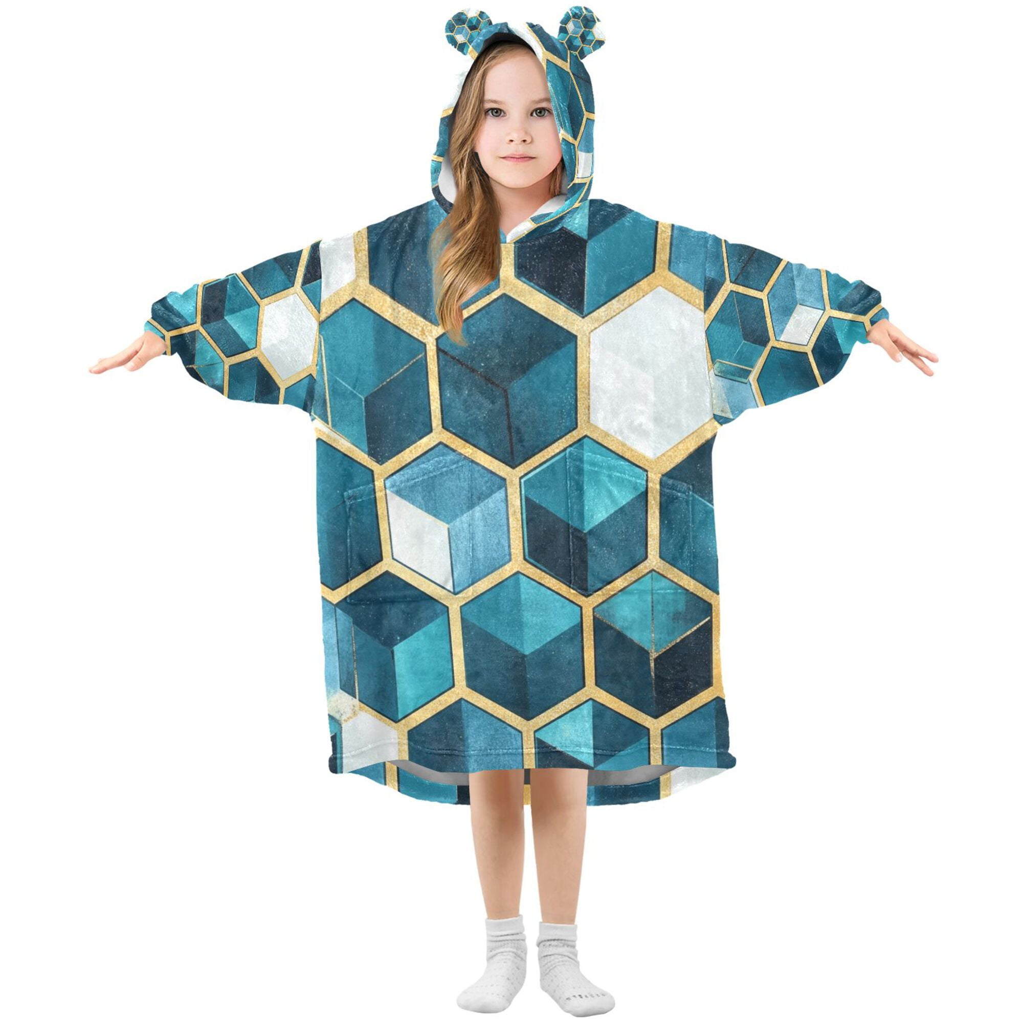 FORMRS Wearable Blanket Hoodie with Sleeves for Kids Cozy Flannel Sweatshirt, Light Blue Geometric Pattern