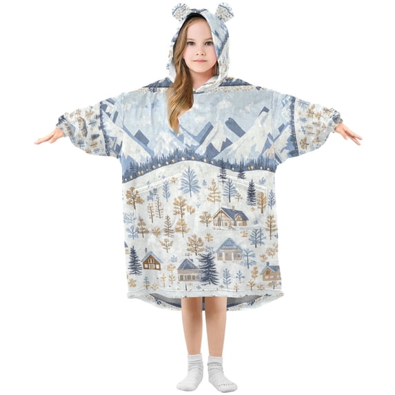 FORMRS Wearable Blanket Hoodie with Sleeves for Kids Cozy Flannel Sweatshirt, Light Blue Mountain