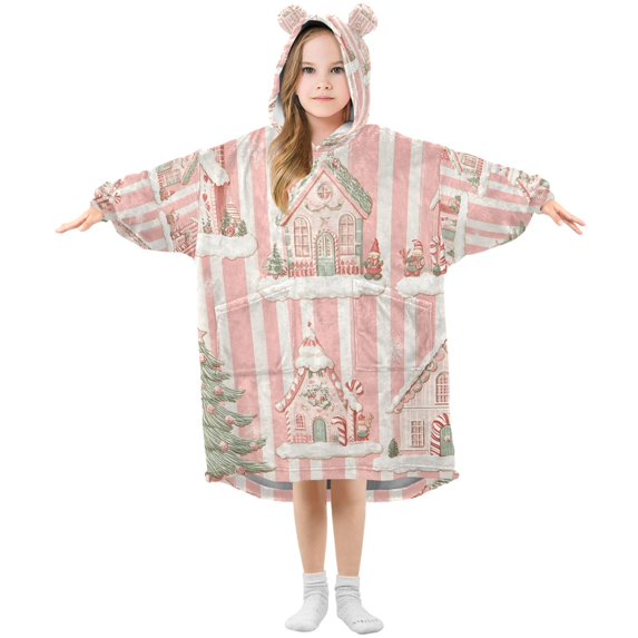 FORMRS Wearable Blanket Hoodie with Sleeves for Kids Cozy Flannel Sweatshirt, Light Green Christmas Houses