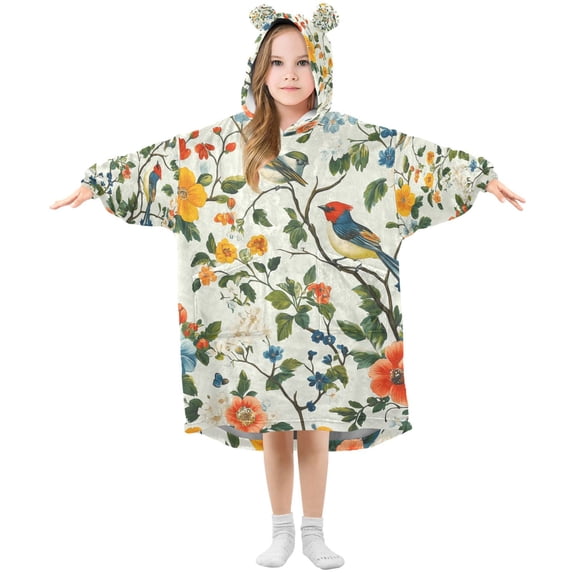 FORMRS Wearable Blanket Hoodie with Sleeves for Kids Cozy Flannel Sweatshirt, Light Green Floral Pattern