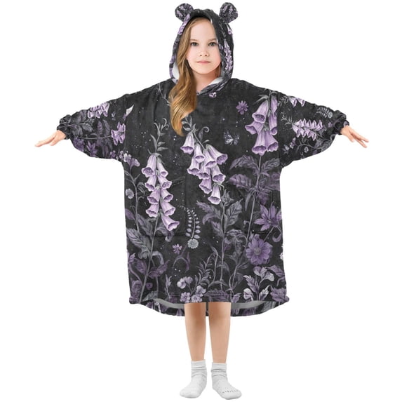 FORMRS Wearable Blanket Hoodie with Sleeves for Kids Cozy Flannel Sweatshirt, Light Purple Flowers