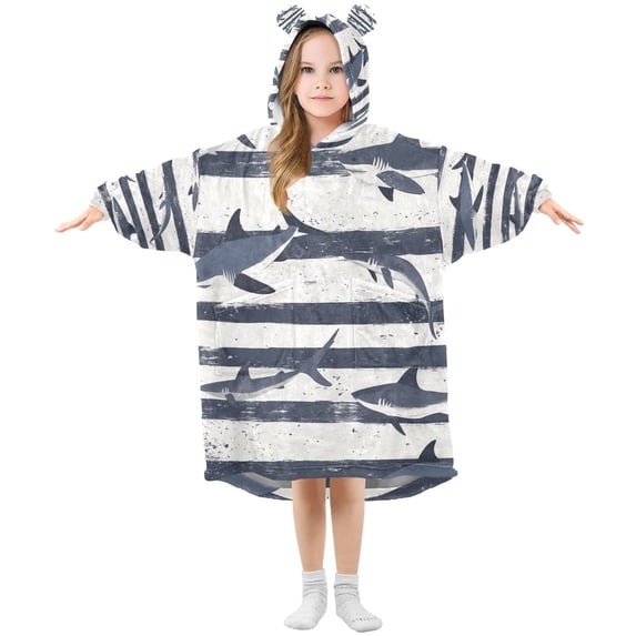 FORMRS Wearable Blanket Hoodie with Sleeves for Kids Cozy Flannel Sweatshirt, Light Sharks