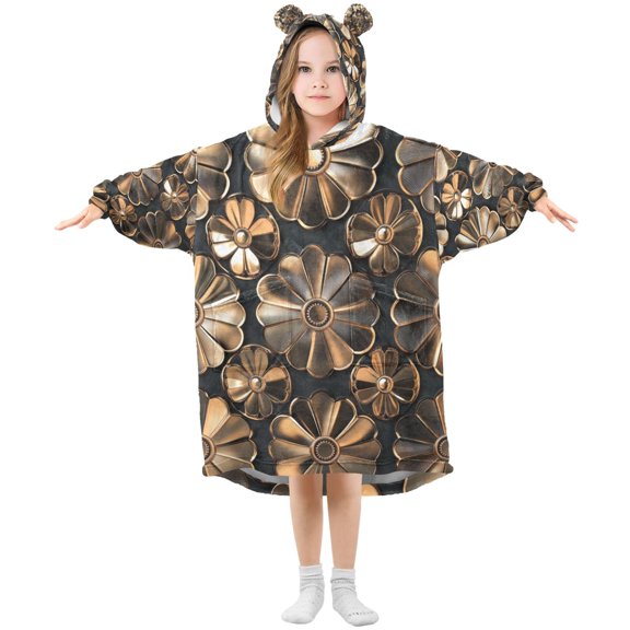 FORMRS Wearable Blanket Hoodie with Sleeves for Kids Cozy Flannel Sweatshirt, Metallic Flower
