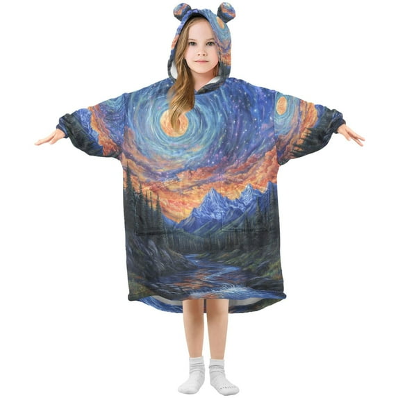 FORMRS Wearable Blanket Hoodie with Sleeves for Kids Cozy Flannel Sweatshirt, Mountains and Forests