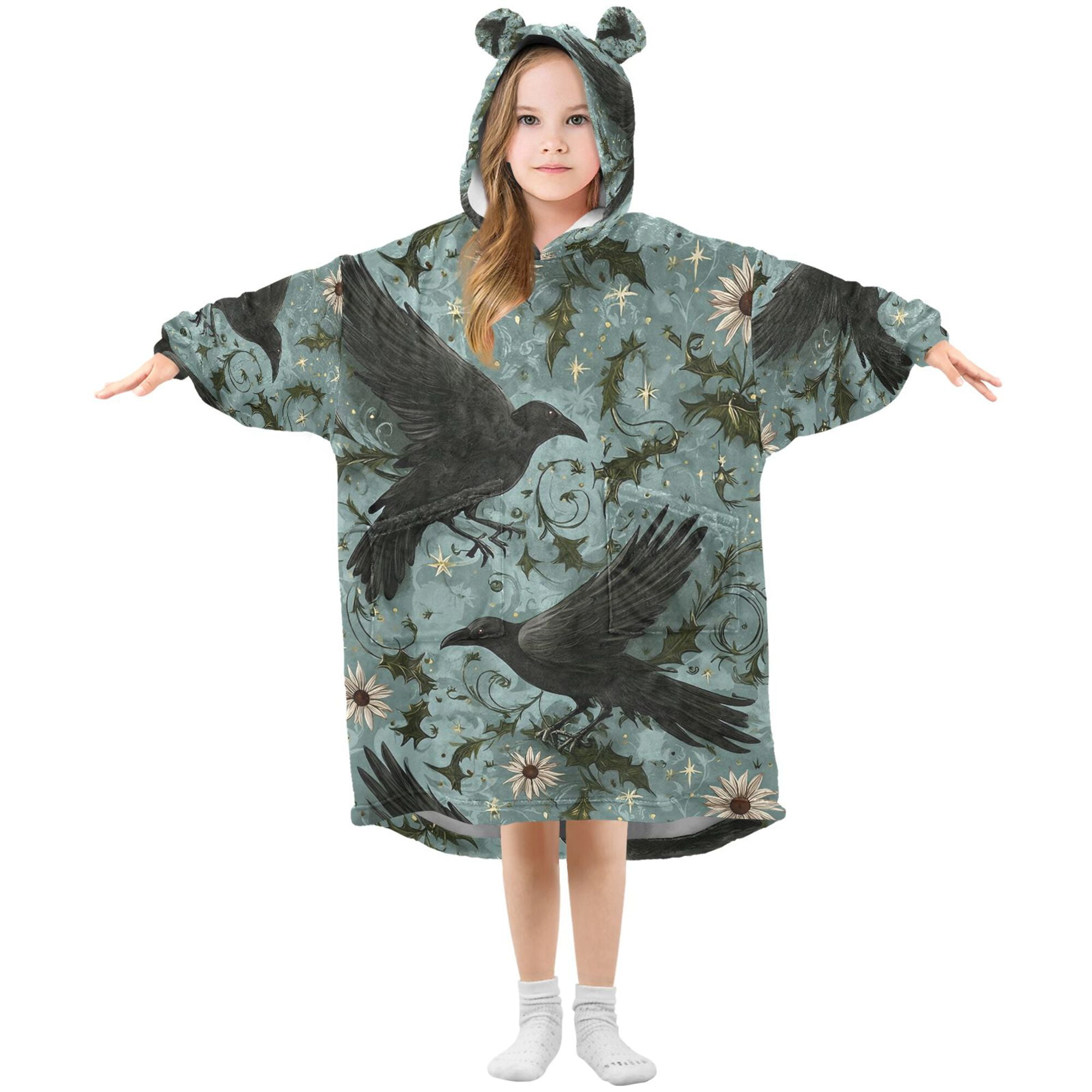 FORMRS Wearable Blanket Hoodie with Sleeves for Kids Cozy Flannel Sweatshirt, Mystic Crows Pattern