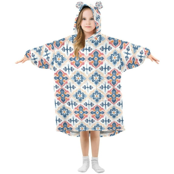 FORMRS Wearable Blanket Hoodie with Sleeves for Kids Cozy Flannel Sweatshirt, Navy Blossom Mosaic