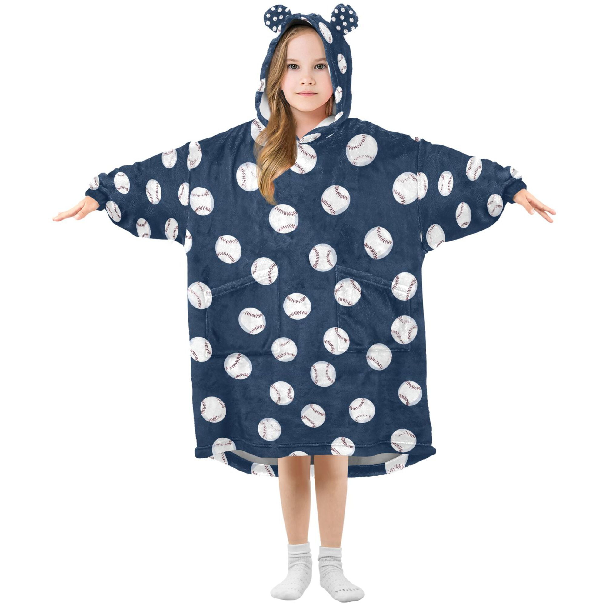 FORMRS Wearable Blanket Hoodie with Sleeves for Kids Cozy Flannel Sweatshirt, Navy Blue Baseball Pattern