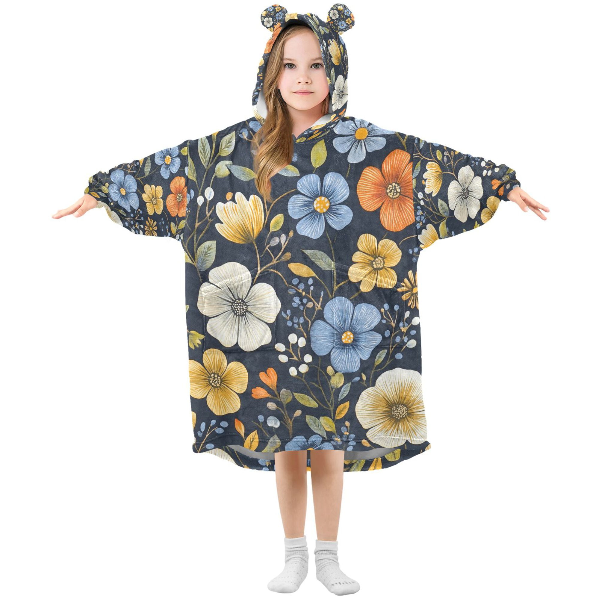 FORMRS Wearable Blanket Hoodie with Sleeves for Kids Cozy Flannel Sweatshirt, Navy Floral Pattern