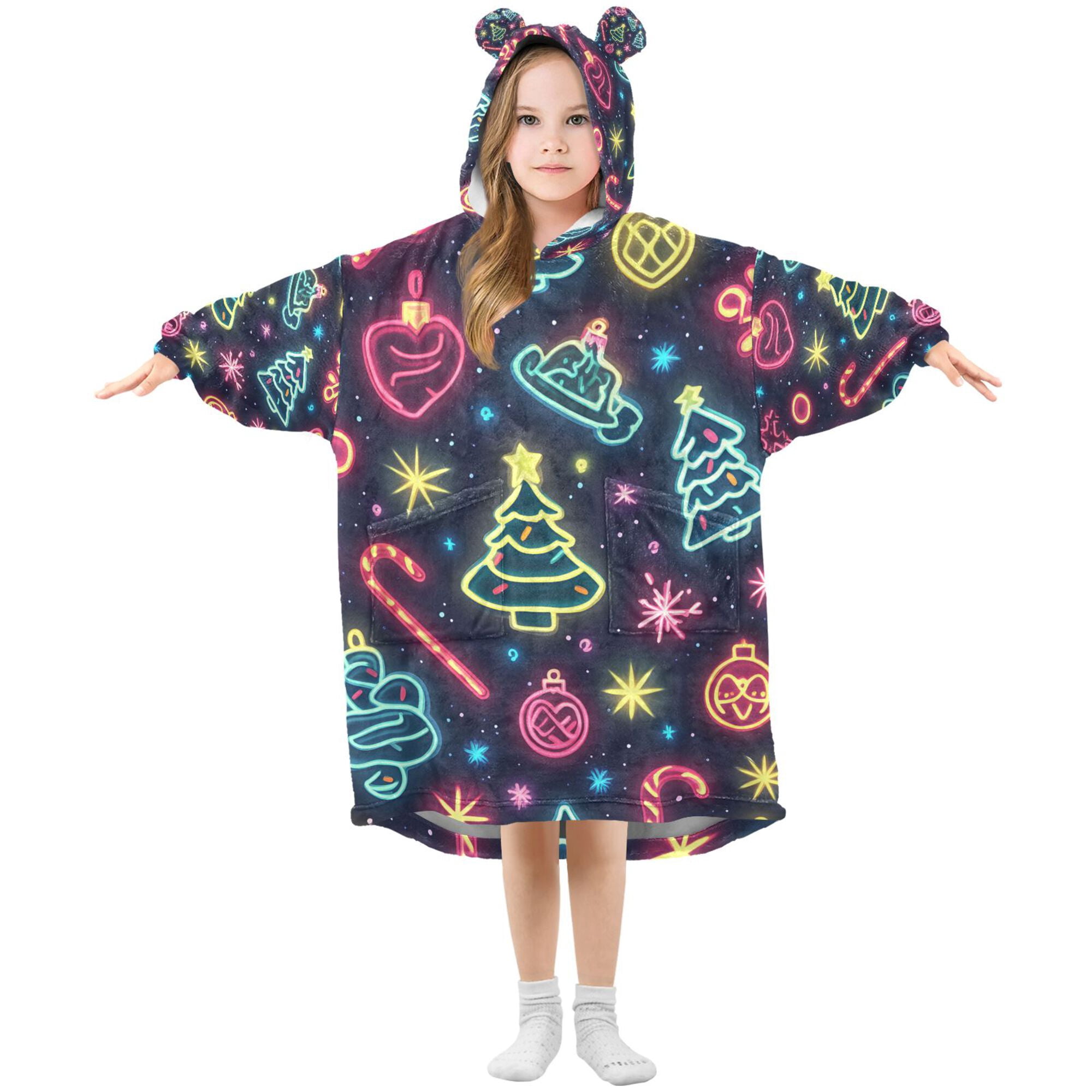FORMRS Wearable Blanket Hoodie with Sleeves for Kids Cozy Flannel Sweatshirt, Neon Christmas
