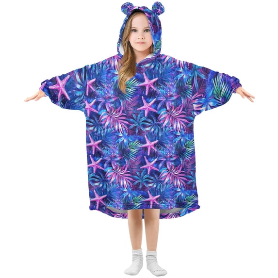 FORMRS Wearable Blanket Hoodie with Sleeves for Kids Cozy Flannel Sweatshirt, Neon Pink Starfish