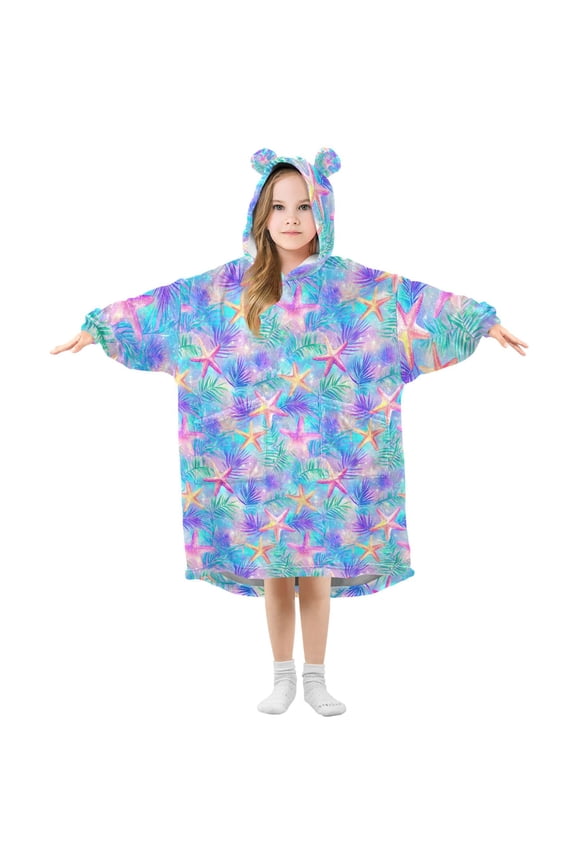 Wearable Blanket Hoodie with Sleeves for Kids Cozy Flannel Sweatshirt, Neon Starfish Pattern