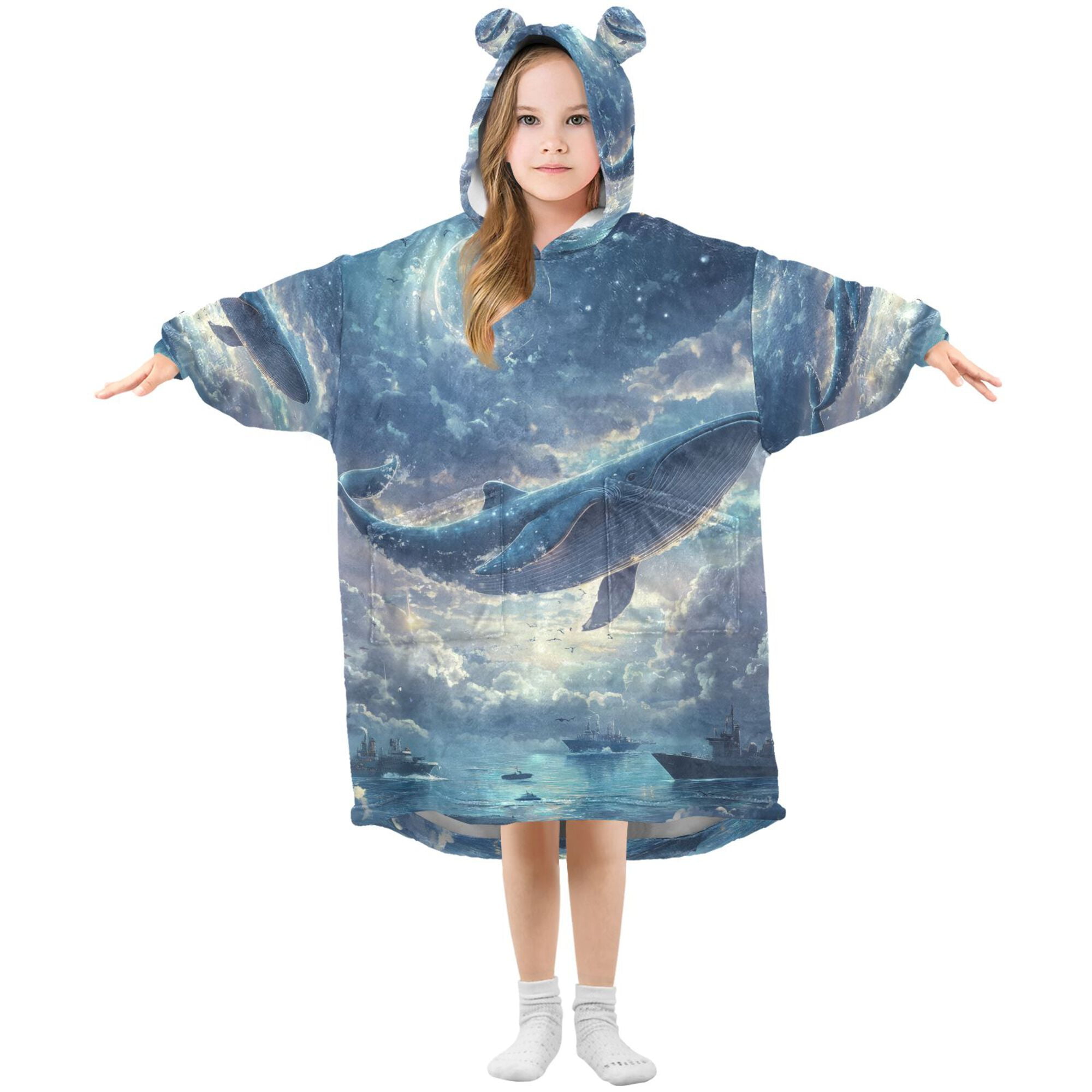 FORMRS Wearable Blanket Hoodie with Sleeves for Kids Cozy Flannel Sweatshirt, Night Floating Whale