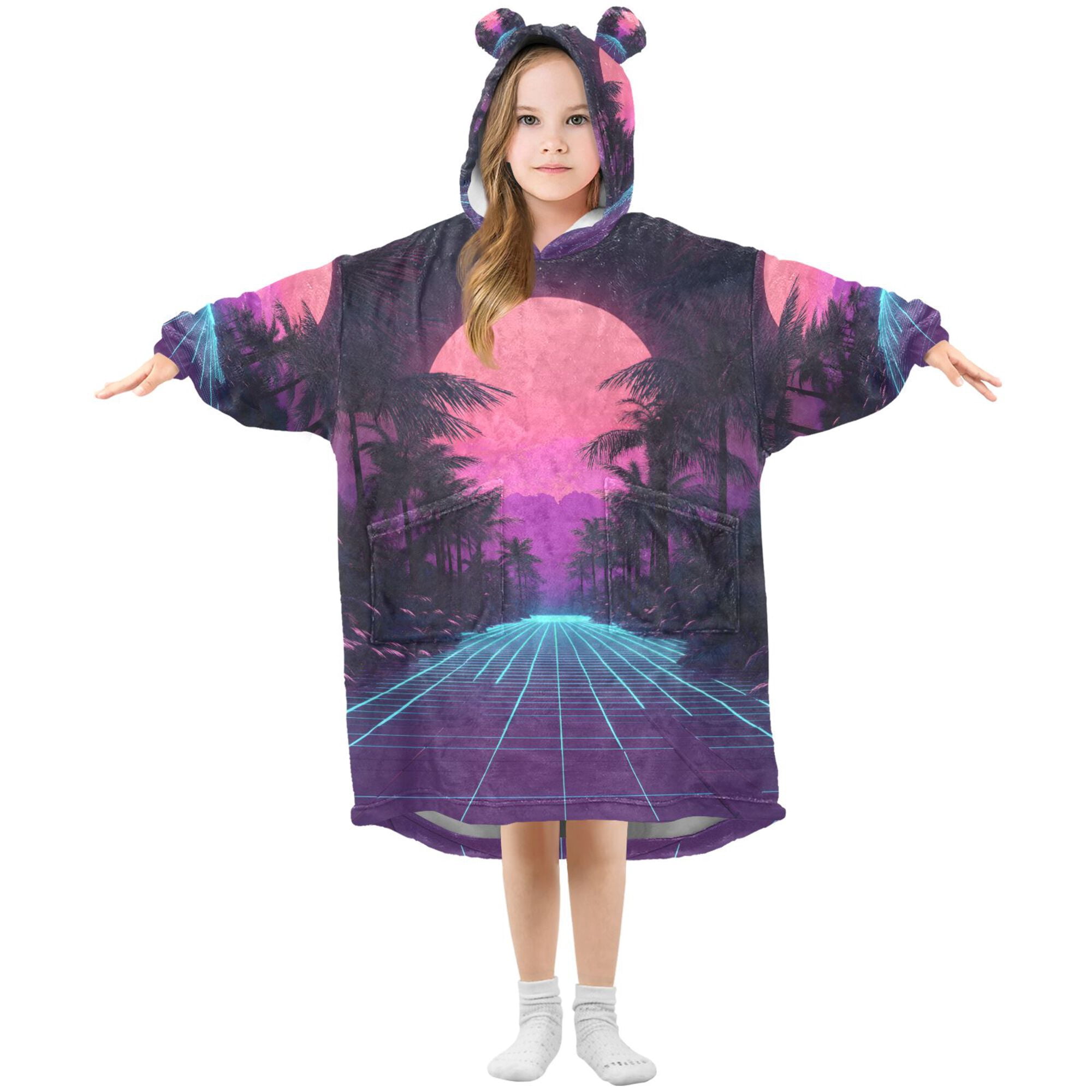FORMRS Wearable Blanket Hoodie with Sleeves for Kids Cozy Flannel Sweatshirt, Night Neon Road