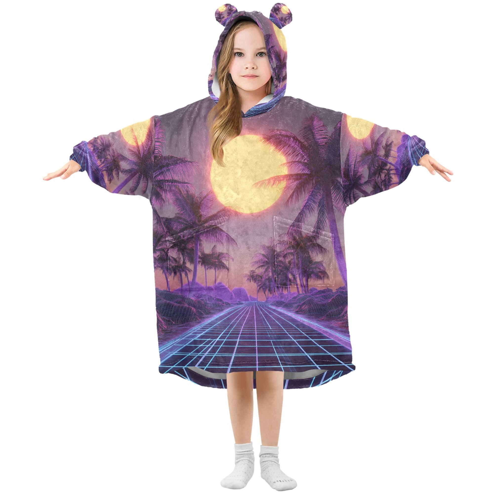 FORMRS Wearable Blanket Hoodie with Sleeves for Kids Cozy Flannel Sweatshirt, Night Purple Road