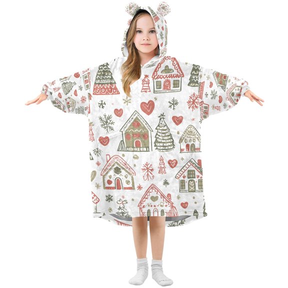 FORMRS Wearable Blanket Hoodie with Sleeves for Kids Cozy Flannel Sweatshirt, Nordic Christmas House