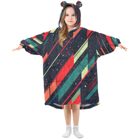 FORMRS Wearable Blanket Hoodie with Sleeves for Kids Cozy Flannel Sweatshirt, Orange Abstract Lines