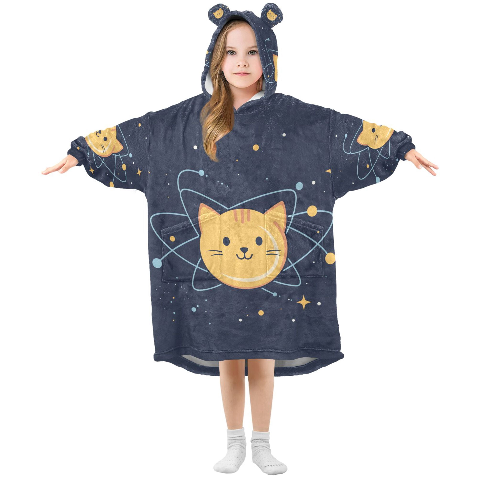 FORMRS Wearable Blanket Hoodie with Sleeves for Kids Cozy Flannel Sweatshirt, Orange Cat Planet