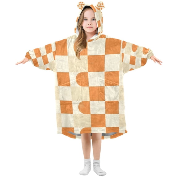 FORMRS Wearable Blanket Hoodie with Sleeves for Kids Cozy Flannel Sweatshirt, Orange Checkered Pattern