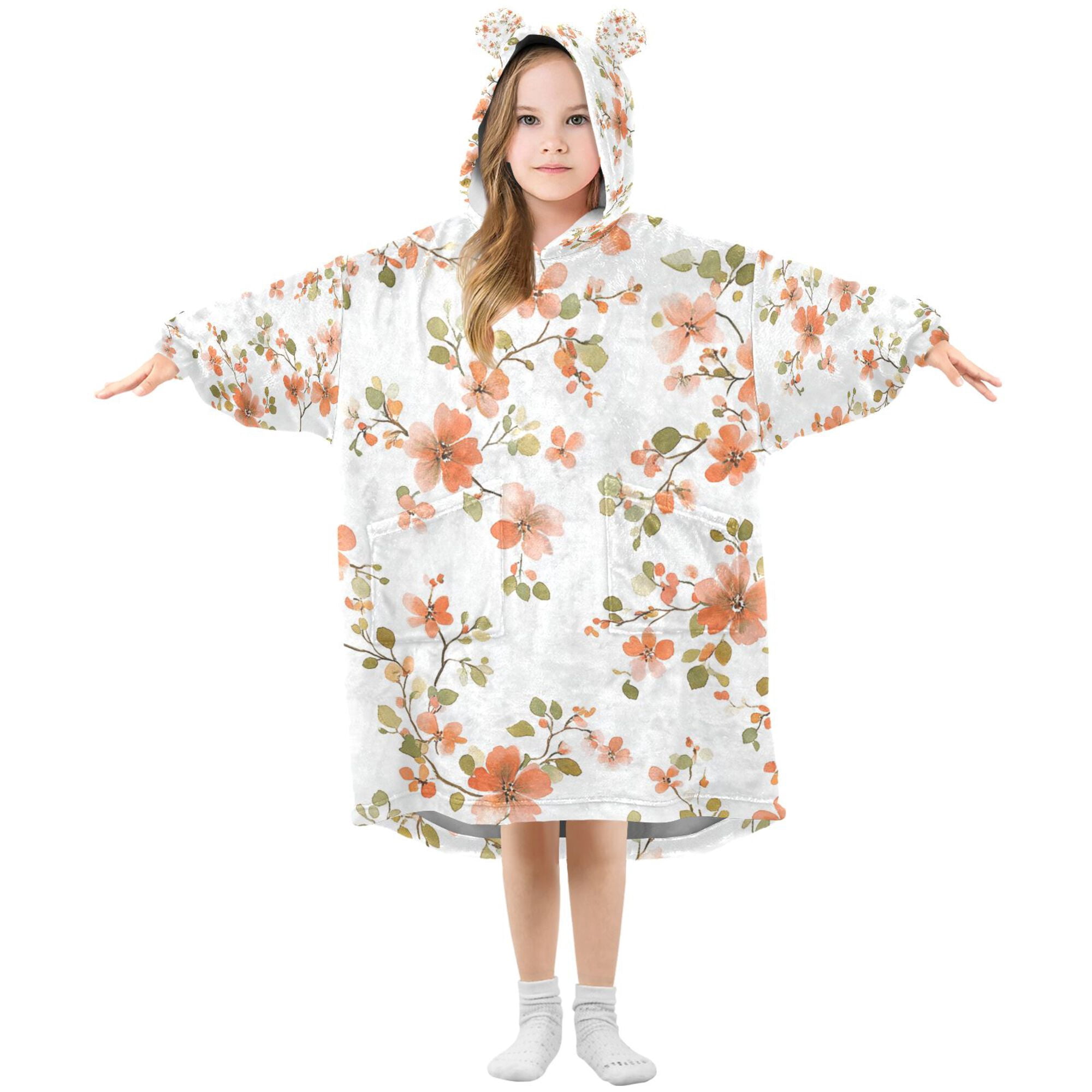 FORMRS Wearable Blanket Hoodie with Sleeves for Kids Cozy Flannel Sweatshirt, Orange Floral Blooms
