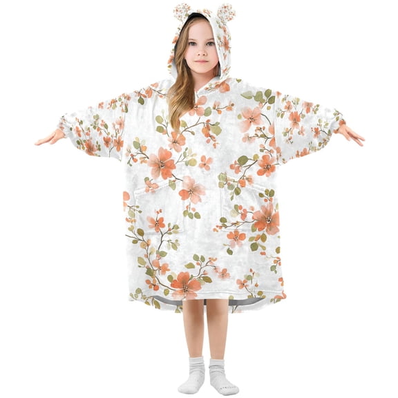 FORMRS Wearable Blanket Hoodie with Sleeves for Kids Cozy Flannel Sweatshirt, Orange Floral Blooms