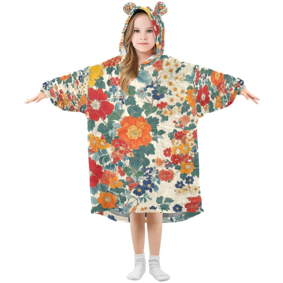 FORMRS Wearable Blanket Hoodie with Sleeves for Kids Cozy Flannel Sweatshirt, Orange Japanese Flowers Pattern
