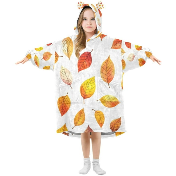 FORMRS Wearable Blanket Hoodie with Sleeves for Kids Cozy Flannel Sweatshirt, Orange Leaves