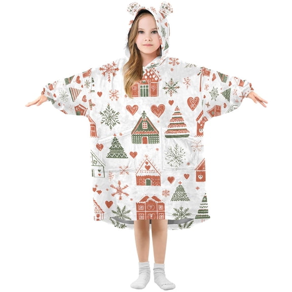 FORMRS Wearable Blanket Hoodie with Sleeves for Kids Cozy Flannel Sweatshirt, Orange Nordic Christmas