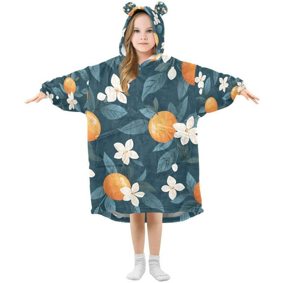 FORMRS Wearable Blanket Hoodie with Sleeves for Kids Cozy Flannel Sweatshirt, Oranges Pattern
