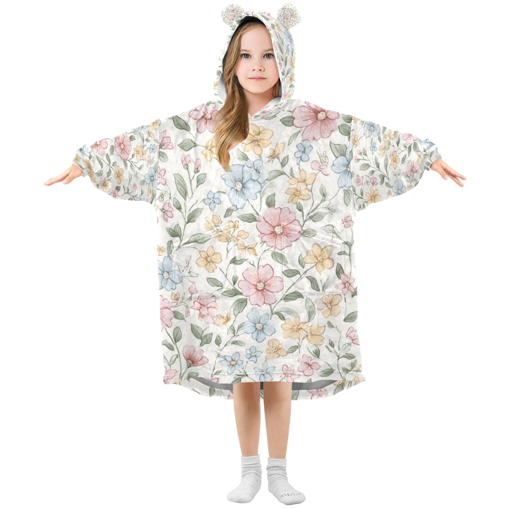 FORMRS Wearable Blanket Hoodie with Sleeves for Kids Cozy Flannel Sweatshirt, Pastel Floral Pattern