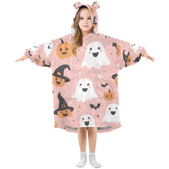 FORMRS Wearable Blanket Hoodie with Sleeves for Kids Cozy Flannel Sweatshirt, Pastel Pink Halloween