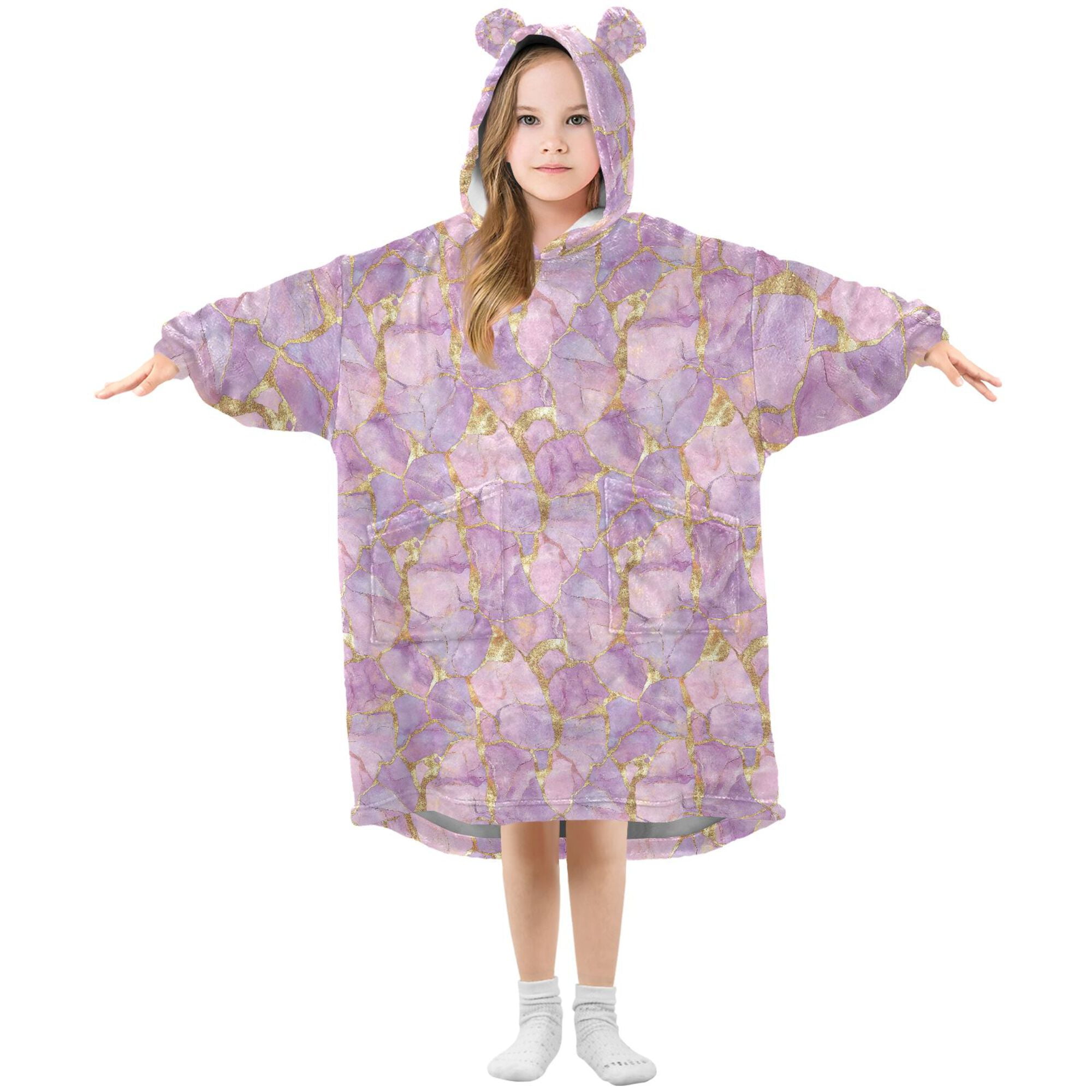 FORMRS Wearable Blanket Hoodie with Sleeves for Kids Cozy Flannel Sweatshirt, Pastel Pink Marble Pattern