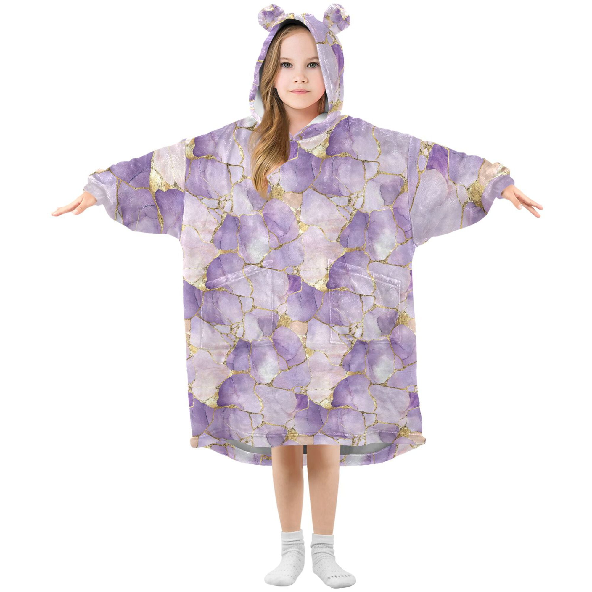 FORMRS Wearable Blanket Hoodie with Sleeves for Kids Cozy Flannel Sweatshirt, Pastel Purple Marble Pattern