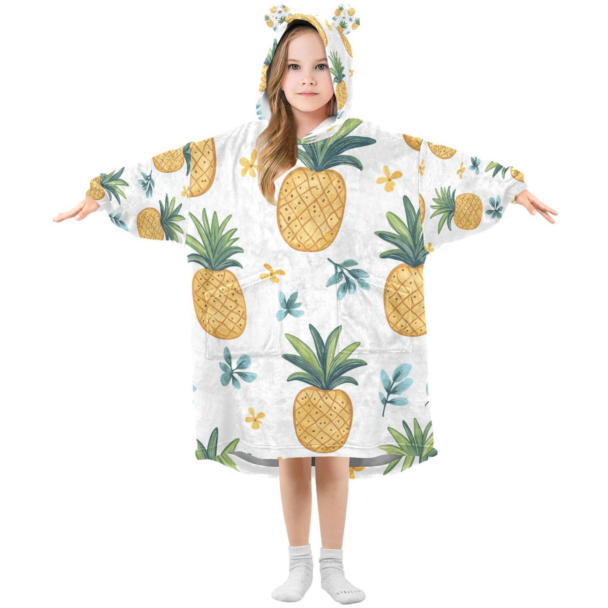 FORMRS Wearable Blanket Hoodie with Sleeves for Kids Cozy Flannel Sweatshirt, Pineapple