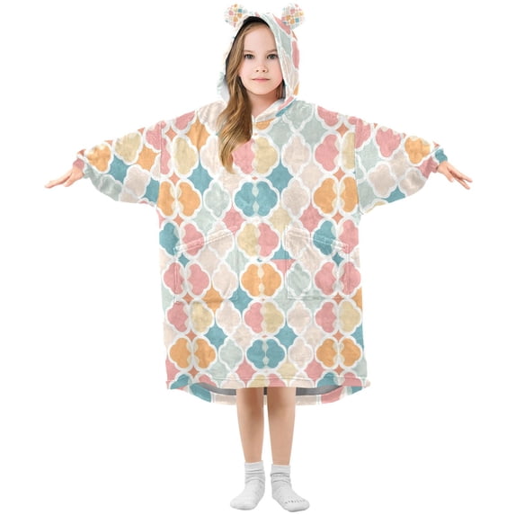 FORMRS Wearable Blanket Hoodie with Sleeves for Kids Cozy Flannel Sweatshirt, Pink Abstract Pattern