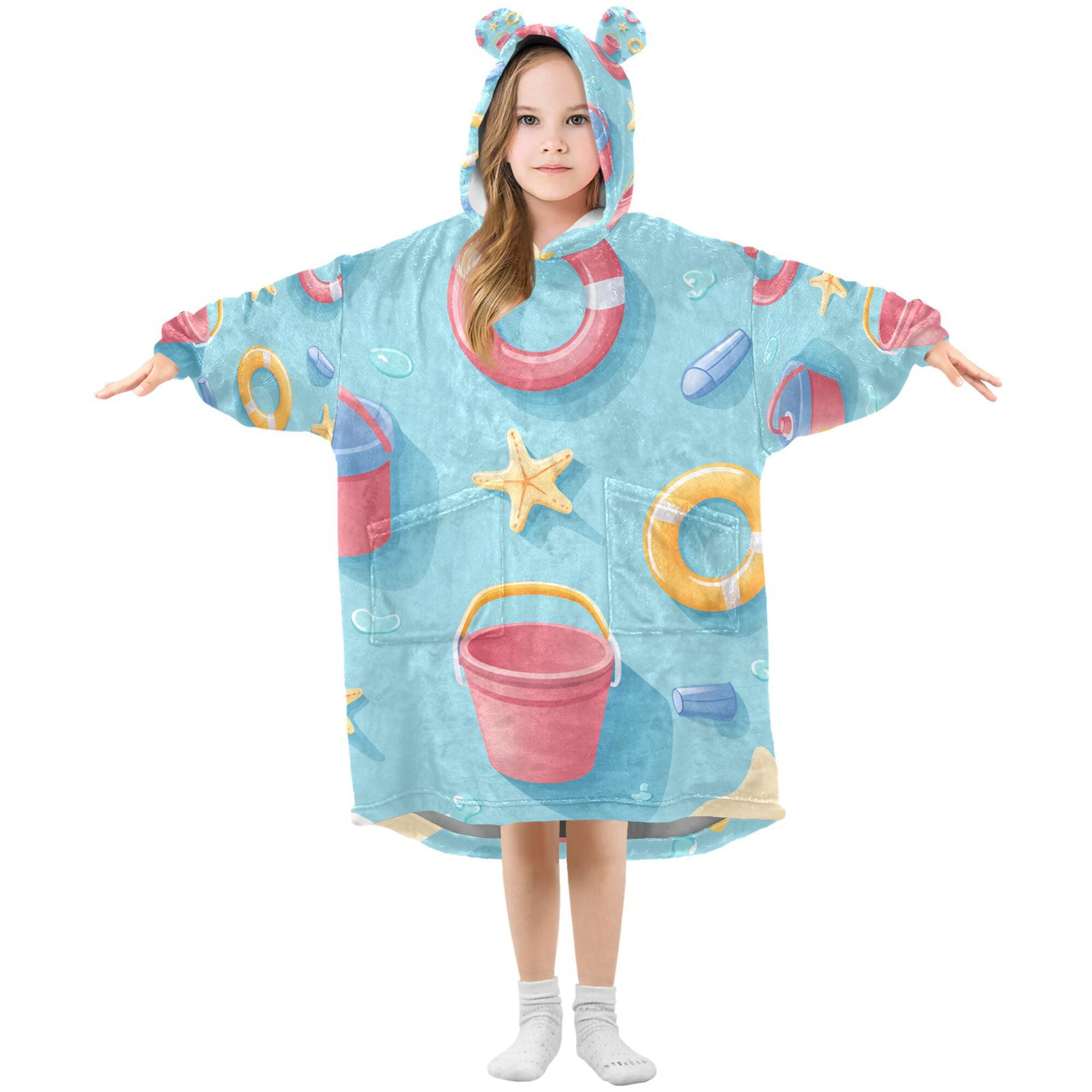 FORMRS Wearable Blanket Hoodie with Sleeves for Kids Cozy Flannel Sweatshirt, Pink Beach Toys Pattern