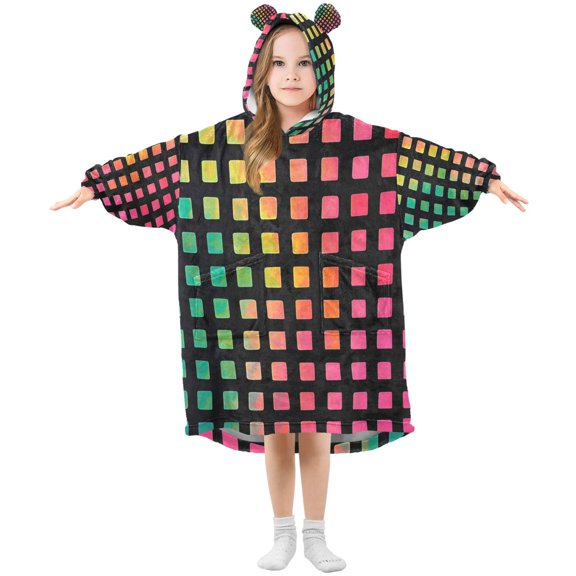 FORMRS Wearable Blanket Hoodie with Sleeves for Kids Cozy Flannel Sweatshirt, Pink Block Pattern