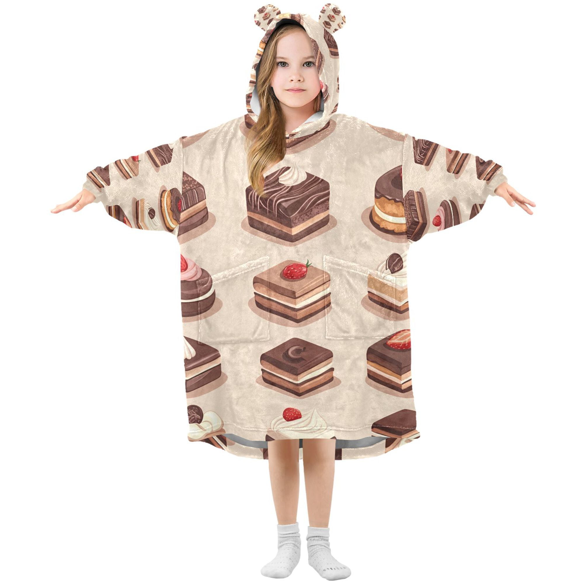 FORMRS Wearable Blanket Hoodie with Sleeves for Kids Cozy Flannel Sweatshirt, Pink Cakes