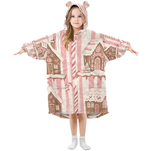 FORMRS Wearable Blanket Hoodie with Sleeves for Kids Cozy Flannel Sweatshirt, Pink Candy House